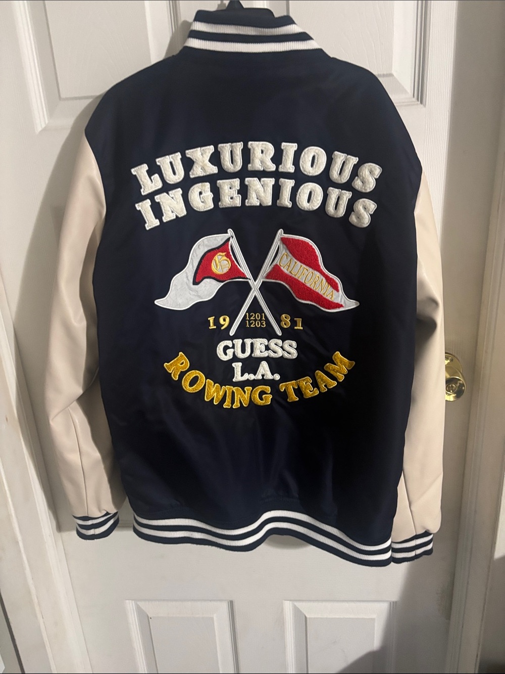 Guess Navy and Cream Varsity Jacket with Yellow Lettering - Picture 2 of 3